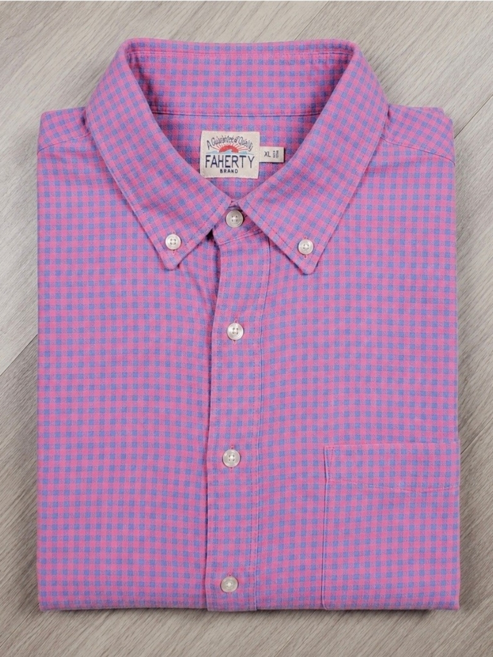 Faherty Brand XL Pink Blue Gingham Check Button Down Shirt Supima Cotton Stretch